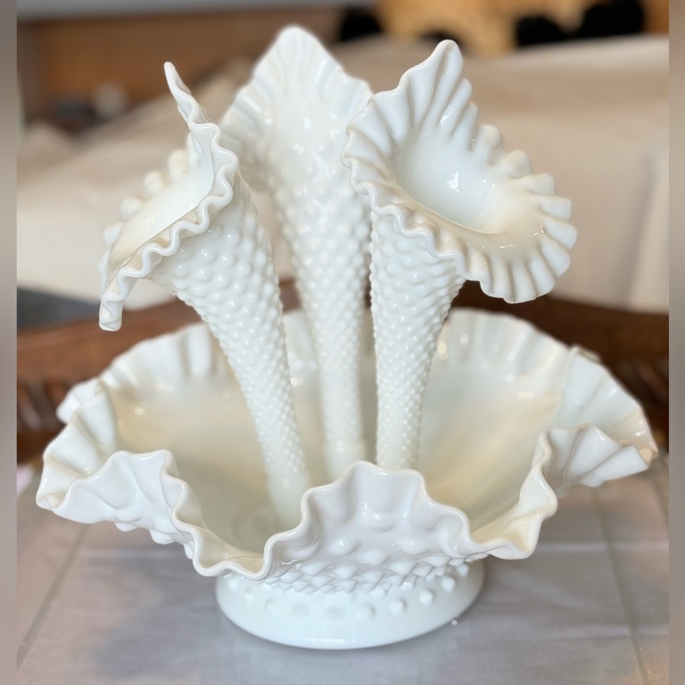 Epergne Fenton Hobnail white 3 horn milk glass ruffle edge